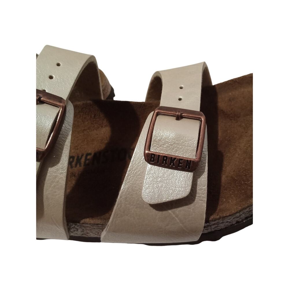 Birkenstock Made In Germany Pearl White Bronze Tone Logo Hardware Slides Size 37 - Picture 11 of 12